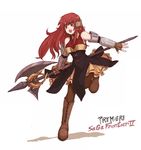  armor armored_dress character_name copyright_name gloves halberd kara_(color) long_hair pantyhose polearm primiera_(saga) red_eyes red_hair saga saga_frontier_2 solo warrior weapon white_background 