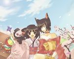  animal_ears ball bare_shoulders black_eyes black_hair cat_ears cherry_blossoms choker copyright_request hair_over_one_eye japanese_clothes kimono matsuzuki_matsu multiple_girls off_shoulder petals pinwheel smile temari_ball wind yellow_eyes 