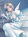  .hack//games 1girl ahoge angel blonde_hair blue_eyes breasts circlet cleavage dress halo heart medium_breasts sango_(53box) short_hair sitting solo terajima_ryoko wings 