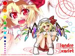  bobby_socks character_name english fangs flandre_scarlet gengorou hands_up hat highres looking_at_viewer mob_cap red_eyes red_ribbon ribbon short_hair sitting socks solo touhou wallpaper white_legwear wings 