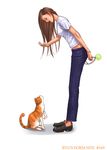  artist_name brown_hair cat denim full_body holding jeans leaning_forward long_hair looking_at_another looking_down looking_up no_socks original pants profile ryu_(ryu's_former_site) shirt short_sleeves simple_background solo standing t-shirt white_background white_shirt 