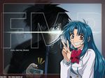  1girl artist_request blue_hair brown_eyes chidori_kaname full_metal_panic! jindai_high_school_uniform sagara_sousuke school_uniform smile v wallpaper 