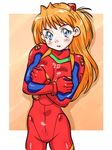  bangs blue_eyes blush bodysuit bracer breasts covering covering_breasts cowboy_shot crossed_arms gloves gradient gradient_background headgear ikurumi_kaoru long_hair looking_at_viewer medium_breasts neon_genesis_evangelion number orange_background orange_hair outside_border parted_lips pilot_suit plugsuit red_bodysuit screw shadow shiny shiny_clothes shiny_hair skinny solo souryuu_asuka_langley standing turtleneck two_side_up 