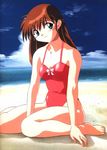  90s artist_request beach between_legs blue_seed brown_hair cloud day fujimiya_momiji green_eyes half_updo hand_between_legs head_tilt highres long_hair one-piece_swimsuit outdoors solo swimsuit water 