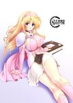  blonde_hair book breasts cape copyright_request elbow_gloves gloves gunner-l huge_breasts long_hair purple_eyes solo 