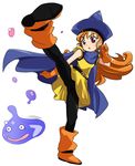  alena_(dq4) black_legwear boots cape dragon_quest dragon_quest_iv gloves hat high_kick ixy kicking long_hair orange_footwear panties panties_under_pantyhose pantyhose red_eyes red_hair skirt slime_(dragon_quest) solo underwear yellow_skirt 