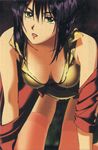  bare_shoulders breasts cleavage cowboy_bebop faye_valentine green_eyes kawamoto_toshihiro large_breasts lipstick makeup purple_hair short_hair solo thighhighs wet 