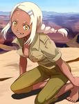  alternate_hairstyle barefoot braid breasts capri_pants dark_skin day desert feet freckles grin hair_ornament hairclip haruyama_kazunori kneeling lal'c_mellk_mal large_breasts mesa missing_teeth open_collar outdoors pants sidelocks single_braid smile solo top_wo_nerae_2! white_hair yellow_eyes 