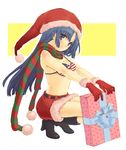  american_flag_bikini asakura_ryouko bikini bikini_top black_footwear blue_eyes blue_hair boots christmas flag_print full_body gift gloves hat head_tilt high_heel_boots high_heels holding holding_gift long_hair looking_at_viewer multicolored multicolored_clothes multicolored_scarf pencil_skirt pom_pom_(clothes) red_gloves santa_costume santa_hat scarf simple_background skirt solo squatting striped striped_scarf suzumiya_haruhi_no_yuuutsu swimsuit thighhighs tomako 