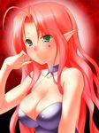  47agdragon ahoge bangs bare_shoulders blush breasts choker cleavage collarbone green_eyes hand_in_hair large_breasts long_hair looking_at_viewer original parted_bangs pink_hair pointy_ears solo upper_body 