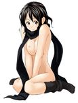  artist_request black_eyes black_hair black_legwear black_scarf breasts copyright_request full_body large_breasts looking_at_viewer naked_scarf nipples nude scarf short_hair simple_background sitting socks solo wariza white_background 
