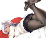  ass bed blush cropped dark_skin fang gray_hair kure_masahiro long_hair original panties pantyhose pink_eyes pointed_ears ponytail seifuku skirt underwear upskirt white 