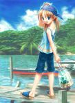  :d bag bandana blonde_hair blue_eyes blue_sky blush boat camisole carrying cloud day dock duplicate full_body goto_p head_scarf looking_at_viewer no_legwear ocean open_mouth original outdoors palm_tree palm_tree_print pier plant sandals shorts sky smile solo tree walking water watercraft 