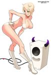  bent_over bikini blonde_hair boots breasts cable cleavage dated gloves green_eyes hand_on_hip hanging_breasts high_heels horns huge_breasts legs long_legs original ryu_(ryu's_former_site) shoes short_hair slender slender_waist smile solo speaker swimsuit white_bikini 