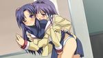  blush clannad fujibayashi_kyou hair_bobbles hair_ornament hikarizaka_private_high_school_uniform ichinose_kotomi multiple_girls one_eye_closed panties saliva sanshita school_uniform skirt skirt_lift tears teasing two_side_up underwear yuri 