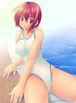  cameltoe competition_swimsuit copyright_request ishii_akira one-piece_swimsuit pink_hair red_eyes red_hair see-through solo swimsuit water white_swimsuit 