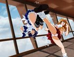  artist_request battle blue_hair breasts duel eyepatch high_kick ikkitousen kicking long_hair loose_socks maid medium_breasts multiple_girls orange_hair panties pantyshot red_skirt ryomou_shimei school_uniform short_hair skirt socks sonsaku_hakufu torn_clothes underboob underwear wallpaper 