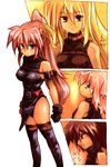  3girls arm_belt belt blonde_hair breasts buckle caro_ru_lushe erio_mondial fate_testarossa from_behind gloves kouno_hikaru large_breasts long_hair looking_at_viewer looking_back lyrical_nanoha magical_boy magical_girl mahou_shoujo_lyrical_nanoha_strikers multiple_girls pink_hair ponytail signum simple_background skin_tight thighhighs translation_request upper_body very_long_hair white_background 