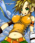  2004 :d armband artist_request bare_shoulders belt belt_buckle blonde_hair blue_sky breasts buckle cloud covered_nipples crop_top day earrings final_fantasy final_fantasy_x green_eyes groin hair_ornament hairclip huge_breasts jewelry loose_belt navel open_mouth orange_belt orange_shirt outdoors rainbow_text rikku shirt short_hair sky sleeveless sleeveless_shirt smile solo teeth x_hair_ornament 