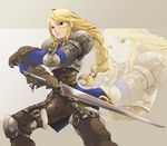  agrias_oaks armor belt blonde_hair blue_eyes braid breastplate brown_gloves elbow_pads feet_out_of_frame final_fantasy final_fantasy_tactics gloves hair_between_eyes hair_tubes holding holding_sword holding_weapon knee_pads legs_apart long_hair long_sleeves looking_at_viewer parted_lips pauldrons pota_(nabrinko) sidelocks single_braid sleeve_cuffs solo standing sword unsheathed very_long_hair weapon zoom_layer 