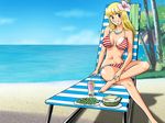  akimoto_katherine_reiko artist_request beach bikini blonde_hair blue_eyes coconut day drink flower food fruit fruit_cup grapes hair_flower hair_ornament jewelry kochikame long_hair necklace outdoors smile solo striped striped_bikini swimsuit tropical_drink 