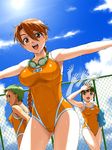  :d ahoge alternate_color_school_swimsuit arm_up armpits bangs blue_sky blunt_bangs blush braid breasts chain-link_fence cloud copyright_request cowboy_shot day dutch_angle fence from_side goggles goggles_around_neck green_eyes green_hair hair_between_eyes hair_up hand_on_own_head holding kickboard large_breasts long_hair looking_at_viewer looking_back motion_blur multiple_girls name_tag nigou one-piece_swimsuit open_mouth orange_eyes orange_hair orange_swimsuit outstretched_arms profile school_swimsuit shading_eyes short_hair single_braid single_vertical_stripe sky small_breasts smile spread_arms standing swimsuit thighs tomboy very_long_hair wet wet_clothes wide_hips 