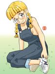  blonde_hair braid copyright_request glasses ikurumi_kaoru naked_overalls no_socks overalls shoes sneakers solo twin_braids 