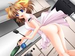  :d antenna_hair apron arched_back arm_garter ass back bangs blue_eyes blush bow breasts brown_hair cooking dutch_angle fire frills frying_pan game_cg groin hadaka_apron_gakuen hair_between_eyes hair_bow indoors kazuma_muramasa kitchen kneepits legs looking_at_viewer looking_back naked_apron niwa_takami open_mouth pot profile short_hair sideboob small_breasts smile solo spatula standing stove 