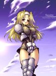  armor blonde_hair blush bottomless breasts covered_nipples covering covering_crotch final_fantasy final_fantasy_tactics gunner-l headband impossible_clothes impossible_shirt large_breasts open_mouth purple_eyes shirt shirt_tug solo squire_(fft) 