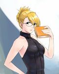  bare_arms bare_shoulders blonde_hair book breasts brown_eyes closed_mouth folded_ponytail glasses gyakuten_saiban gyakuten_saiban_3 halterneck hand_on_hip hand_up holding holding_book kamiya_kirio light_smile lipstick looking_at_viewer lowres makeup medium_breasts michael sleeveless solo upper_body 