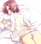  ass bazett_fraga_mcremitz bed dress_shirt earrings fate/hollow_ataraxia fate/stay_night fate_(series) jewelry looking_back mofmof_(sousa) panties pillow red_hair shirt short_hair solo striped striped_panties underwear 