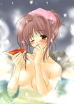  alcohol blush breasts convenient_censoring copyright_request duplicate medium_breasts one_eye_closed onsen sake solo suzuhira_hiro towel towel_on_head 