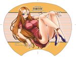  2006 blue_eyes blush bracelet breasts china_dress chinese_clothes dress earrings ghost_sweeper_mikami impossible_clothes impossible_shirt isao jewelry large_breasts legs long_hair long_legs mikami_reiko orange_hair panties purple_panties shirt smile solo uchiwa_design underwear 