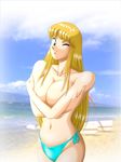  akimoto_katherine_reiko beach bikini blonde_hair blue_eyes breast_squeeze breasts day kochikame large_breasts long_hair one_eye_closed solo swimsuit topless 