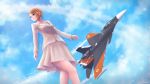  1girl ace_combat_7 aircraft airplane artist_request blonde_hair blue_eyes blue_sky braid canards cloud condensation_trail french_braid from_below highres kmrd-fanddi legs military princess rosa_cossette_d&#039;elise skirt sky solo solo_focus su-30 white_skirt 