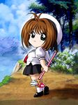  brown_hair cardcaptor_sakura chibi d-ten full_body hat kinomoto_sakura mary_janes school_uniform shoes solo standing tomoeda_elementary_school_uniform wand white_hat 