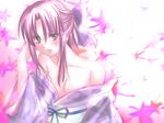  alternate_hairstyle aria artist_request blush breasts cleavage collarbone drunk green_eyes half_updo japanese_clothes kimono large_breasts leaf looking_at_viewer mizunashi_akari open_clothes open_kimono sah sidelocks simple_background solo upper_body white_background 