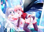  all_fours angel_wings artist_request ass bent_over black_wings blush breasts copyright_request green_eyes medium_breasts multiple_girls nipples panties pink_hair red_eyes see-through thighhighs underwear white_hair wings 