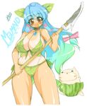  bb bikini blue_hair bluesky_melty bow breasts cute huge_breasts large_breasts leaf leaf_bikini leaves mel/a melmaid polearm spear swimsuit tan tanline tropical weapon 