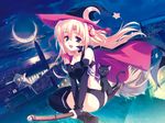  broom broom_riding cape cat hat highres kusukusu marie_rudel moon night night_sky sakura_strasse sidesaddle sky smile solo thighhighs wallpaper witch 