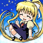  air blonde_hair chibi kamio_misuzu long_hair lowres misaki_juri oekaki ribbon school_uniform sky socks solo star very_long_hair 