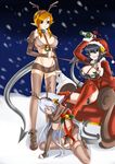  695_(mukuko) christmas midriff multiple_girls navel original pointy_ears santa_costume snow snowing thighhighs 