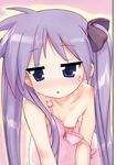  chemise downblouse flat_chest hechi highres hiiragi_kagami leaning_forward lingerie lucky_star nipple_slip nipples purple_hair solo strap_slip underwear 