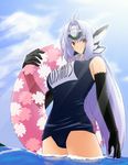  black_school_swimsuit blue_hair elbow_gloves from_below gloves innertube iwasaki_takashi kos-mos kos-mos_ver._4 name_tag one-piece_swimsuit red_eyes school_swimsuit solo swimsuit wading water xenosaga xenosaga_episode_iii 