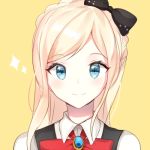  1girl bangs black_bow blonde_hair blue_eyes bow braid commentary_request danganronpa dot_nose eyebrows_visible_through_hair face hair_bow jewelry long_hair looking_at_viewer lowres ponytail red_bow red_neckwear shirt simple_background smile sonia_nevermind star super_danganronpa_2 white_shirt yellow_background yuhi_(hssh_6) 