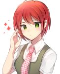  1girl breasts checkered checkered_neckwear commentary_request danganronpa eyebrows_visible_through_hair freckles green_eyes hair_between_eyes hand_in_hair koizumi_mahiru looking_at_viewer necktie red_hair school_uniform shirt short_hair short_sleeves simple_background small_breasts solo star super_danganronpa_2 sweater_vest upper_body white_background white_shirt yuhi_(hssh_6) 