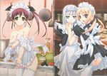  absurdres apron blonde_hair blue_eyes bow breasts brown_hair copyright_request dress green_eyes hair_bow highres kitchen large_breasts maid multiple_girls murakami_suigun naked_apron nipple_slip nipples no_bra panties pantyshot red_eyes ribbon thighhighs underwear white_hair 