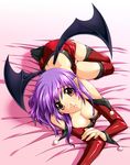  bat_wings cover elbow_gloves game_cover gloves highres iizuki_tasuku lying mimi_(sweet_devil) miniskirt panties pantyshot pantyshot_(lying) pointy_ears purple_hair skirt sweet_devil thighhighs underwear wings 