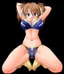  aqua_eyes arms_behind_head bikini breasts brown_hair copyright_request crotch_zipper gundam gundam_card_builder large_breasts reiko_holinger shiny solo swimsuit twintails yonezuka_ryou zipper 