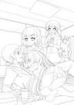  3girls all_fours fujiwara_(suzumiya_haruhi) greyscale harem kouyouen_academy_uniform kyon long_hair monochrome multiple_boys multiple_girls panties pantyshot sasaki_(suzumiya_haruhi) school_uniform skirt suou_kuyou suzumiya_haruhi_no_yuuutsu tachibana_kyouko underwear very_long_hair yuuji 